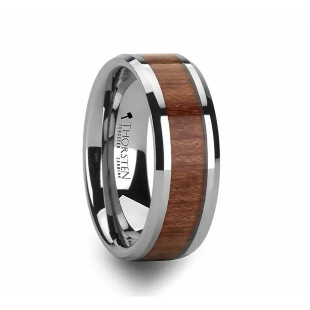 Thorsten Kodiak Tungsten Men’s Wedding Band with Bevels and Rosewood Inlay 8mm w